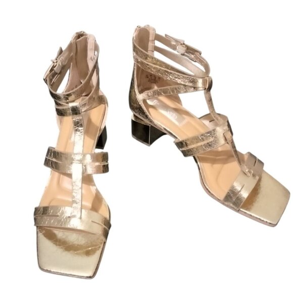 Franco Sarto Size 7.5M Gladiator Sandals Gold Strappy Chunky Heels Back Zipper - Picture 2 of 8
